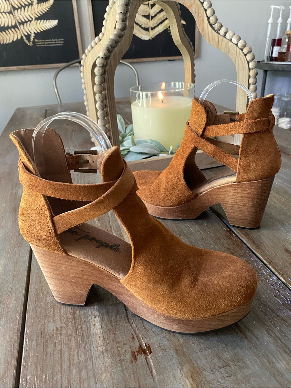 Free People Cedar Clogs Leather Wooden Platform Ankle Boots Womens 36 Tan Brown - Picture 5 of 12